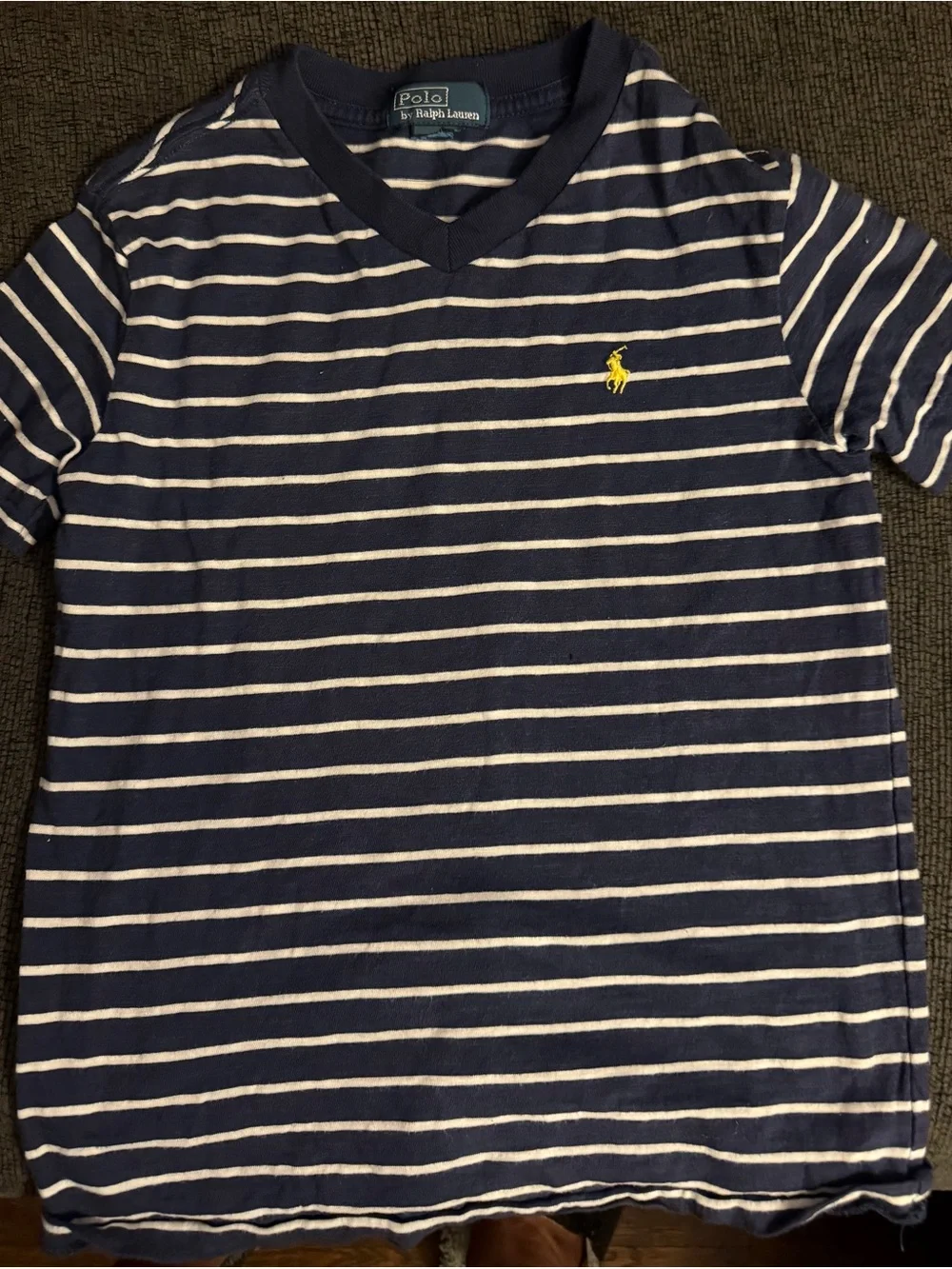Polo by Ralph Lauren Navy and White Striped V-Neck Tee with Yellow Pony